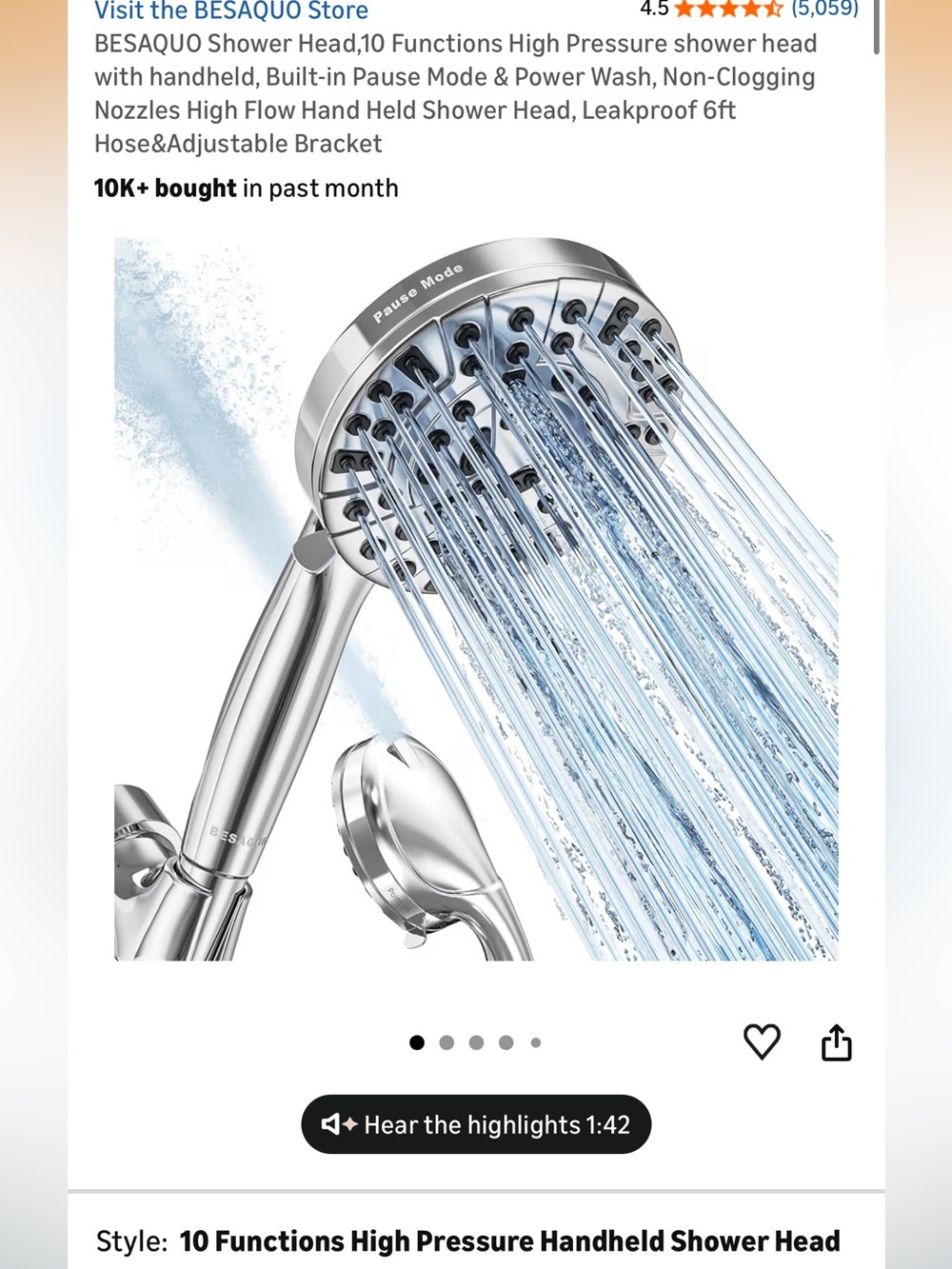 Chrome Shower Head - Silver, 10-Function High Pressure